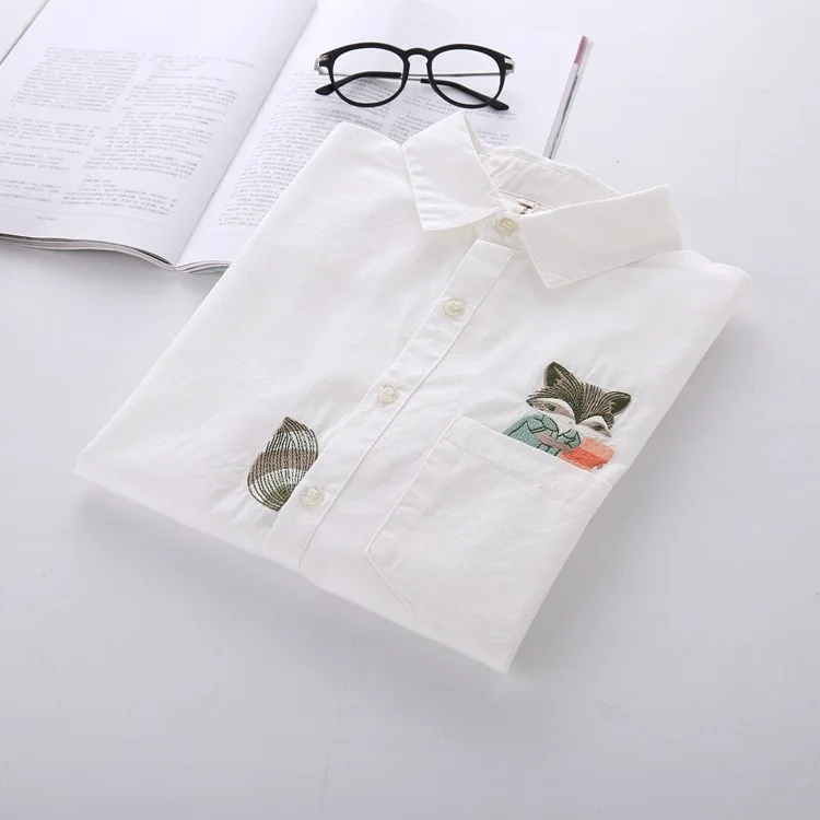 Women Autumn Shirt Turn-Down Collar Ladies Blouses Long Sleeve White Shirt Female Office Tops Pocket With Fox Embroidery Cotton
Women Autumn Shirt Turn-Down Collar Ladies Blouses Long Sleeve White Shirt Female Office Tops Pocket With Fox Embroidery Cotton