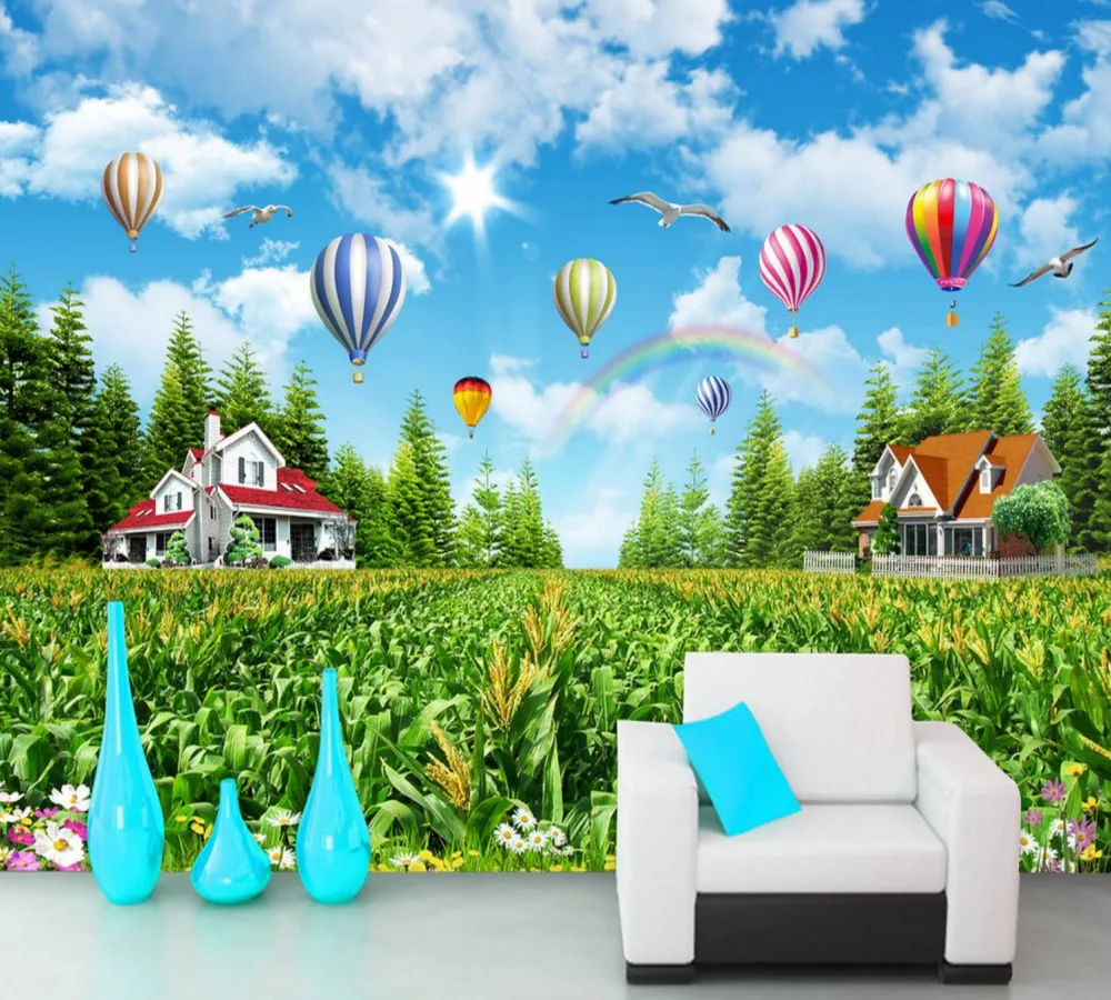 

Free Shipping Beautiful Idyllic Scenery Return To The Natural Landscape Living Room Wall Hot Air Balloon Rainbow Custom 3D Mural