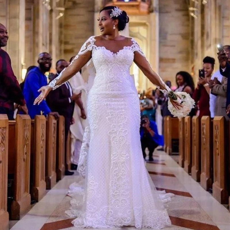 Plus Size Wedding Dresses With Sheer Neck Illusion Long Sleeves Mermaid Lace Wedding Dress Beaded Sequins African Bridal Gowns
Plus Size Wedding Dresses With Sheer Neck Illusion Long Sleeves Mermaid Lace Wedding Dress Beaded Sequins African Bridal Gowns