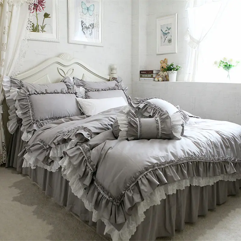 New European Grey Bedding Set Big Ruffle Lace Duvet Cover Bedding Wrinkle Bedspread Bed Sheet For Wedding Decorative Bed Clothes
New European Grey Bedding Set Big Ruffle Lace Duvet Cover Bedding Wrinkle Bedspread Bed Sheet For Wedding Decorative Bed Clothes