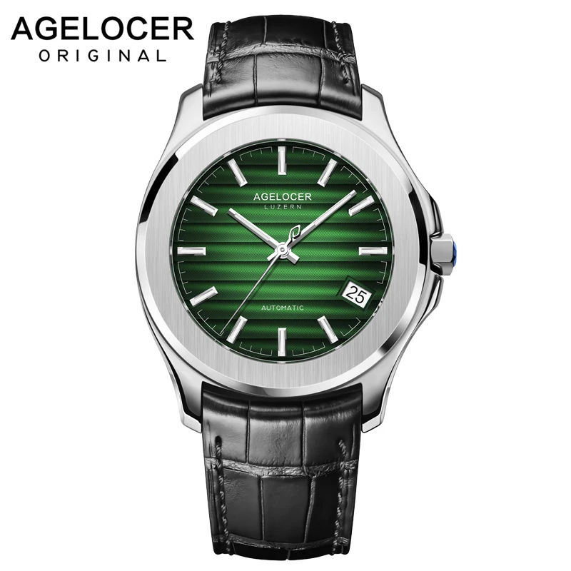 

Agelocer Luxury Dress Watch Super Luminous Steel Analog Automatic Day Date Watch 6305A1 Calfskin Strap Waterproof