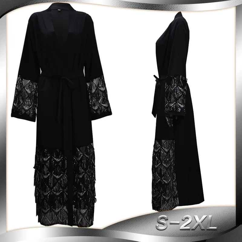 Women Muslim Abaya Patchwork Fashion Mesh Sleeve Cardigan Muslim Dress Plus Size XXL Islamic Clothing Black Abaya with Sash
Women Muslim Abaya Patchwork Fashion Mesh Sleeve Cardigan Muslim Dress Plus Size XXL Islamic Clothing Black Abaya with Sash