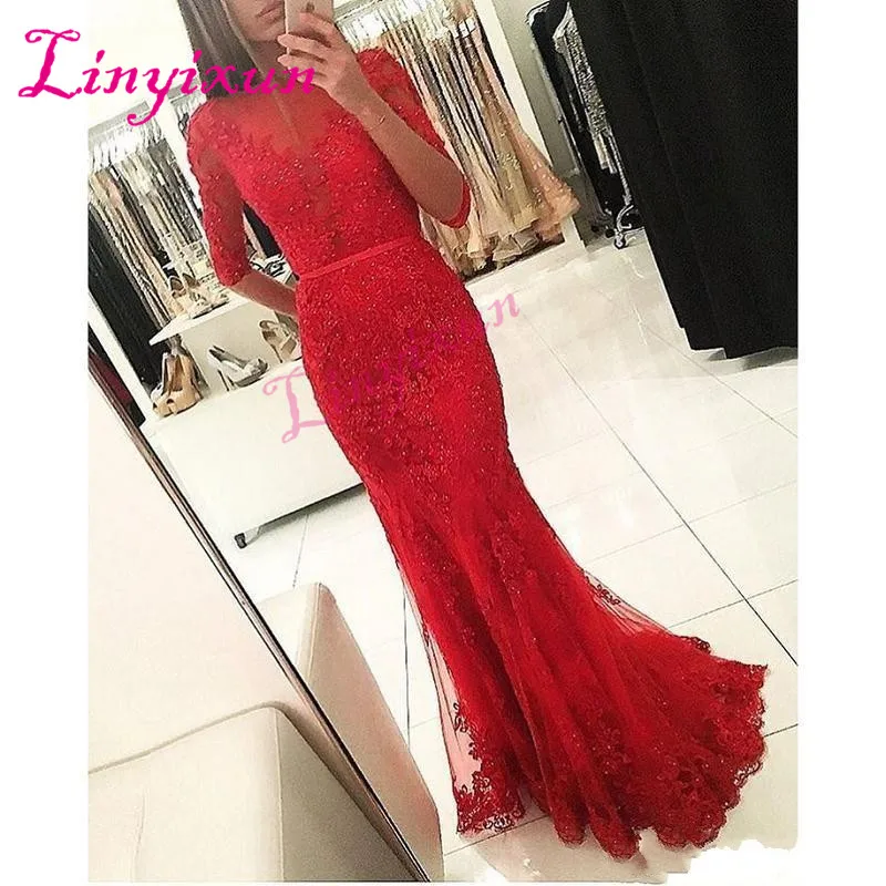 Linyixun 2018 Red Evening Dresses Half Sleeves Mermaid Tulle Prom Dresses Appliques Lace Beaded Sheer Sweep Train Evening Gowns
Linyixun 2018 Red Evening Dresses Half Sleeves Mermaid Tulle Prom Dresses Appliques Lace Beaded Sheer Sweep Train Evening Gowns