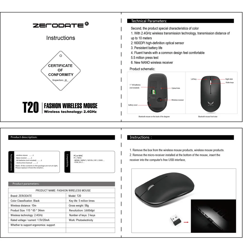 2.4G Wireless Mouse With USB Receiver 1600DPI Optical Mice for Notebook Laptop PC Computer ND998
2.4G Wireless Mouse With USB Receiver 1600DPI Optical Mice for Notebook Laptop PC Computer ND998