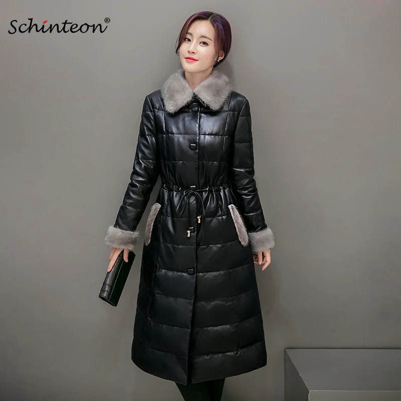 Schinteon Women Winter Leather long Jacket with Faux Mink Fur Down Coat Warm Outwear Slim Clothing Adjustable Waist
Schinteon Women Winter Leather long Jacket with Faux Mink Fur Down Coat Warm Outwear Slim Clothing Adjustable Waist