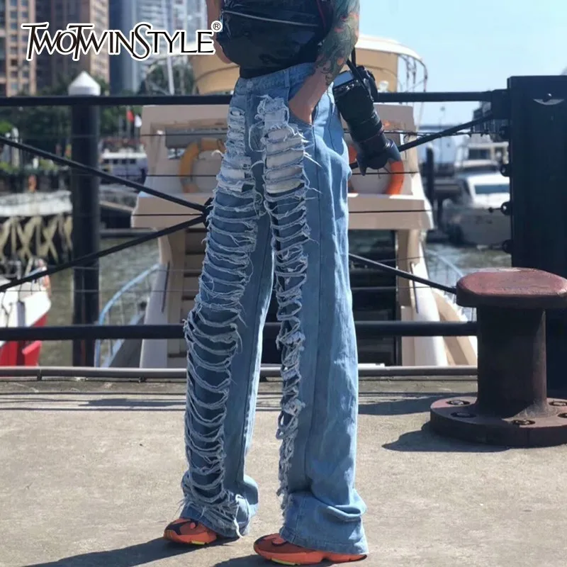 Женские широкие джинсы TWOTWINSTYLE свободные джинсовые брюки с высокой талией