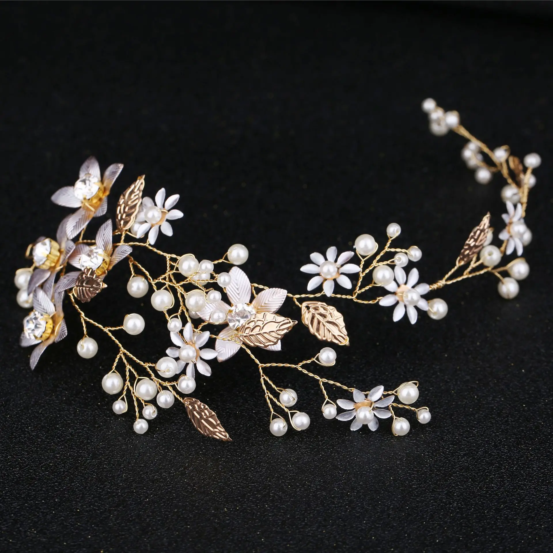 Luxury Wedding Headband Handmade Pearls Gold Leaf Flower Bridal Headpieces Headwear Hair Accessory For Decoration | Украшения и