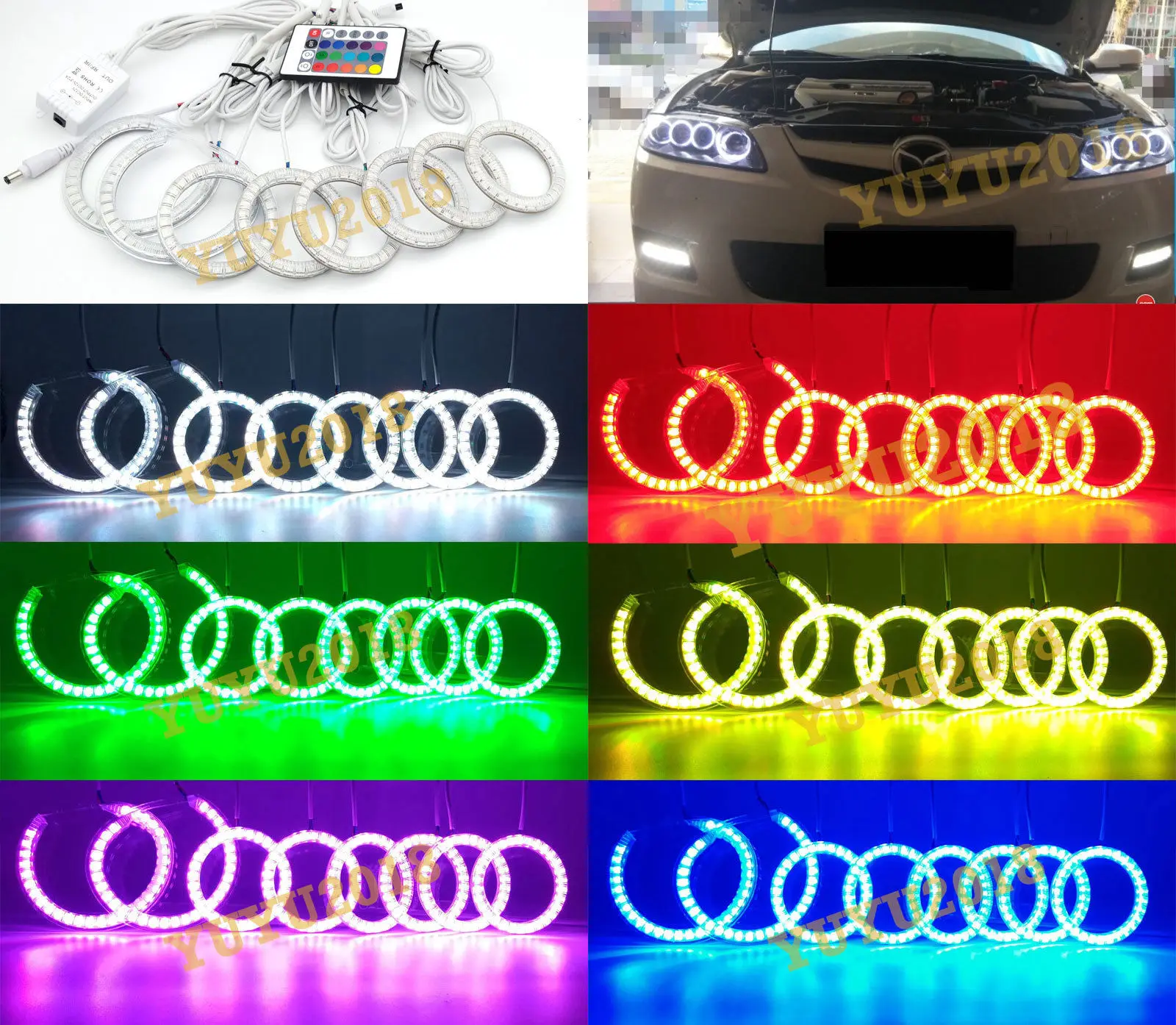 RGB 8 halo кольца пригодные для Mazda 6 2002 2008 фары автомобиля светодиодный глаза ангела