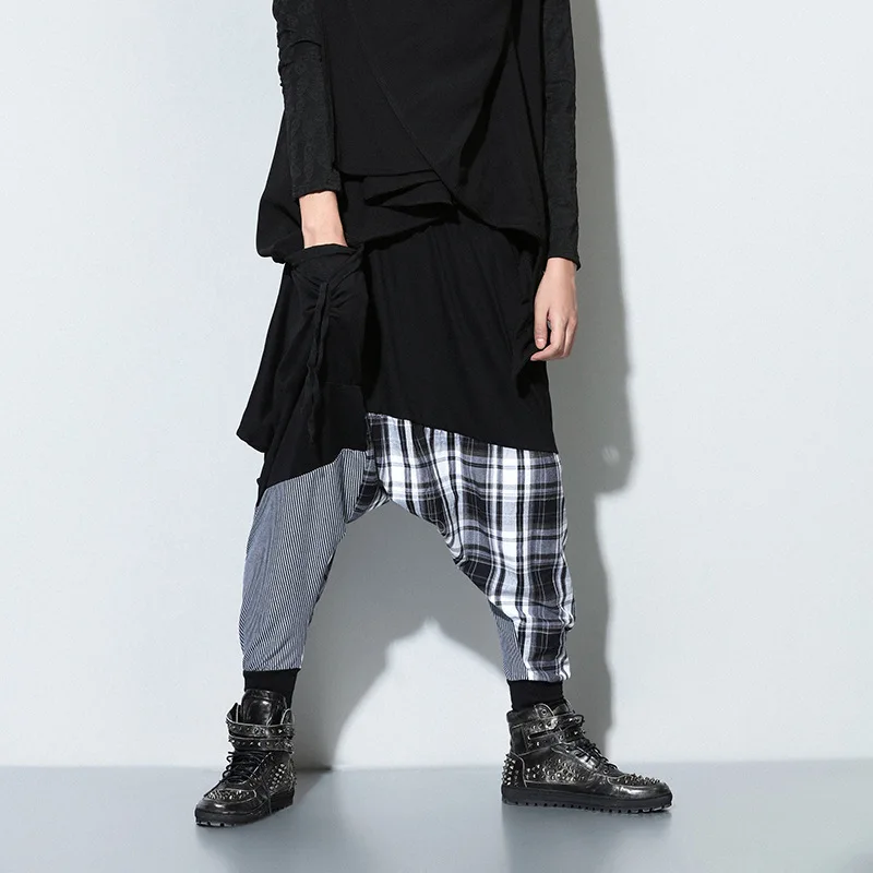 Hip Hop Loose Stretch Men Pants Full Length Spliced Plaid Harem Fashion Street Casual Drawstring Waist Male Trousers Tide | Мужская