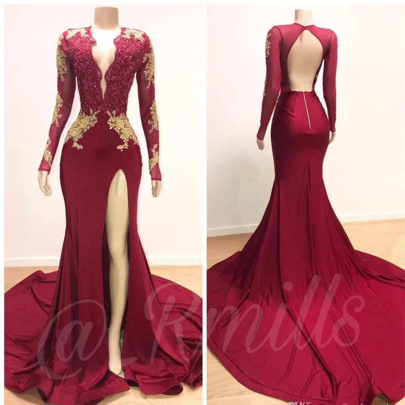 Gorgeous Burgundy Split Side High Prom Dresses 2020 Deep V Neck Sheer Long Sleeve with Gold Appliqued Mermaid Prom Dress
Gorgeous Burgundy Split Side High Prom Dresses 2020 Deep V Neck Sheer Long Sleeve with Gold Appliqued Mermaid Prom Dress