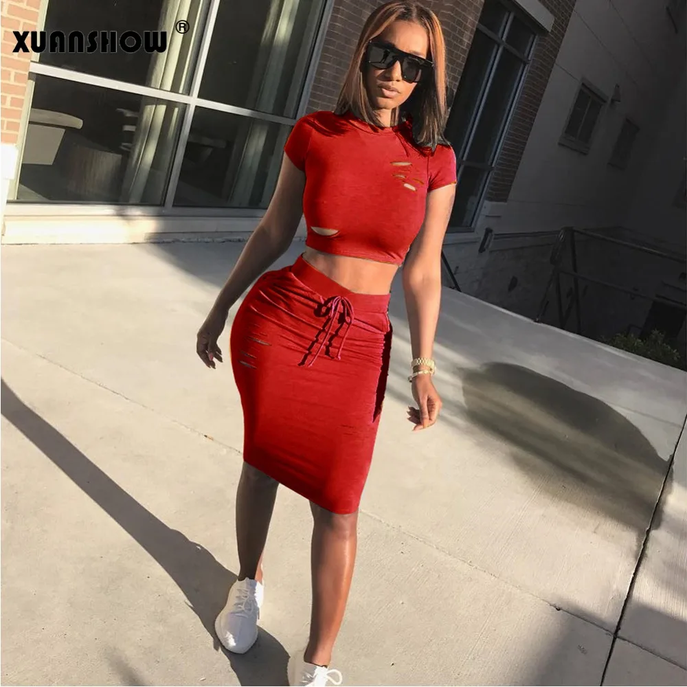 XUANSHOW 2018 Summer Skirt Set Sexy Hole Lacing Solid Crop Tops+Skirts Two piece Set Short Sleeve Women's Clothes
XUANSHOW 2018 Summer Skirt Set Sexy Hole Lacing Solid Crop Tops+Skirts Two piece Set Short Sleeve Women's Clothes