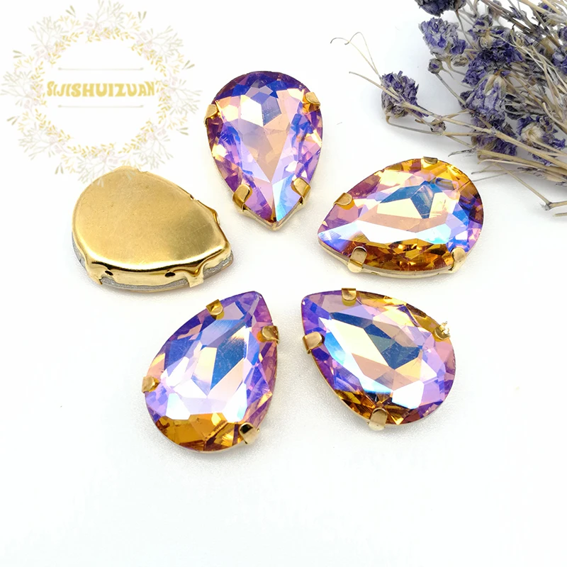 Золотисто Желтый AB ослепительный Цвет капли воды стекло Crystal пришивные стразы с