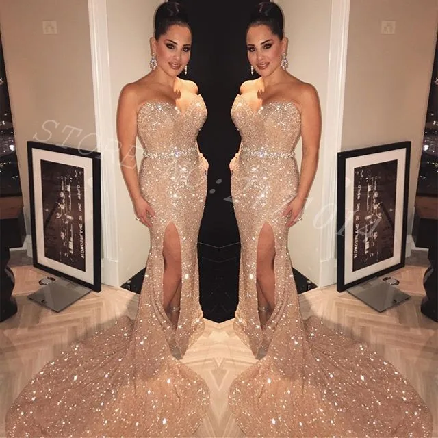 2020 New Sparkle Sweetheart Sequin Crystal Beading Sash Sexy High Side Split Backless Long Mermaid Evening Dresses
2020 New Sparkle Sweetheart Sequin Crystal Beading Sash Sexy High Side Split Backless Long Mermaid Evening Dresses