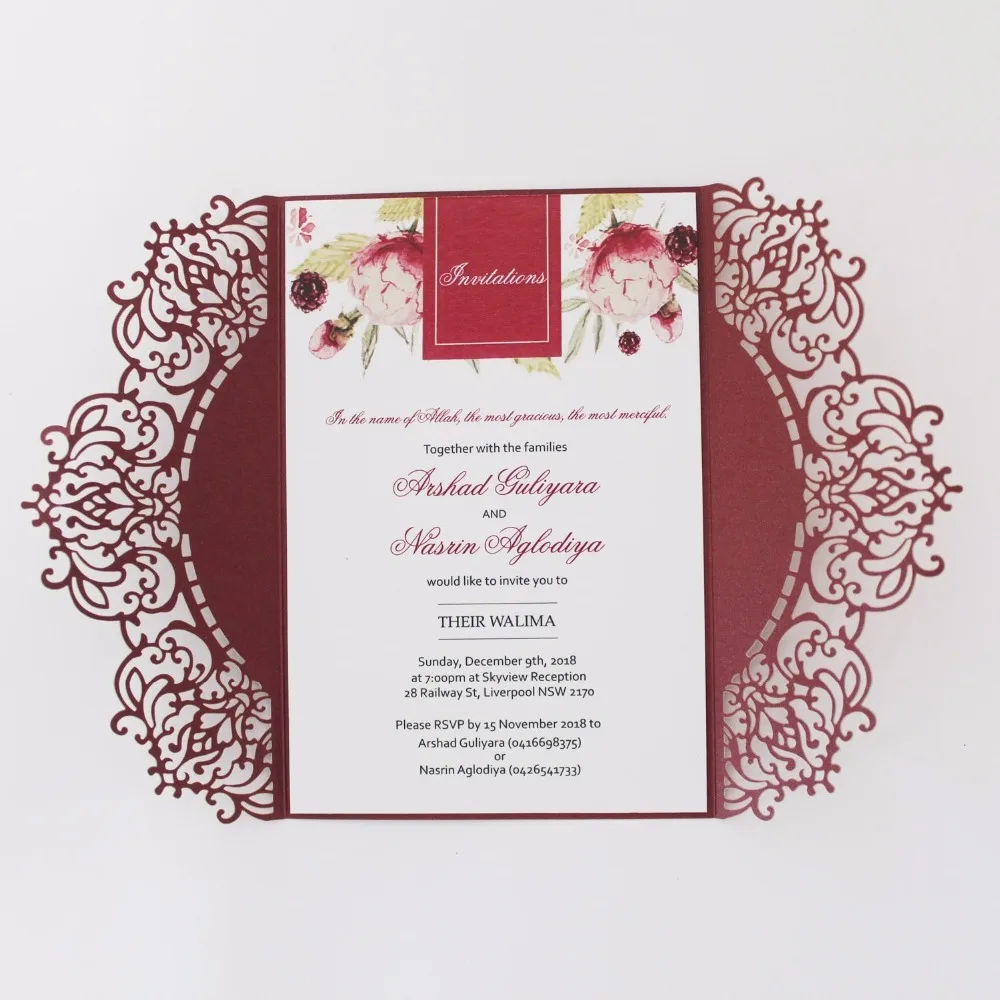 Wedding Invitations Burgundy Laser Cut Wedding Invitation personalized Invitation With Envelopes - Set of 50 pcs
Wedding Invitations Burgundy Laser Cut Wedding Invitation personalized Invitation With Envelopes - Set of 50 pcs
