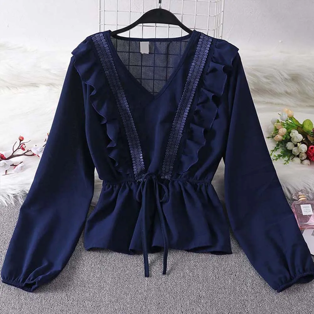 2019 Summer Solid Slim women's blouse Drawstring Sash Ruffles Women Lace Blouse Casual V-Neck Patchwork Vintage Female Tops
2019 Summer Solid Slim women's blouse Drawstring Sash Ruffles Women Lace Blouse Casual V-Neck Patchwork Vintage Female Tops