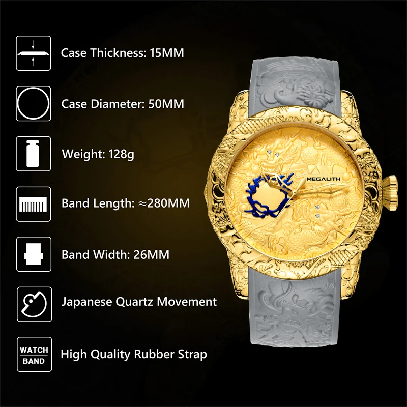 MEGALITH мужские часы Топ люксовый бренд 3D Золотой Дракон Скульптура кварцевые