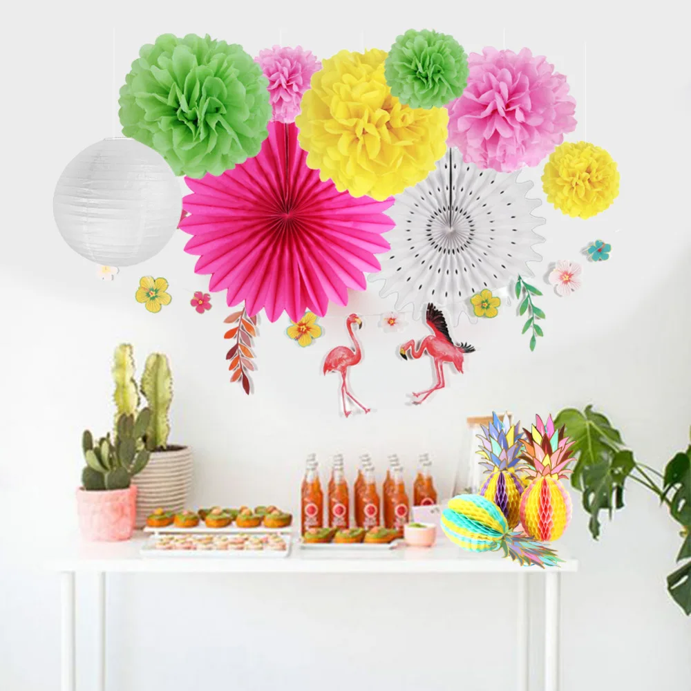 

12pcs Hawaiian Party Decoration Set Happy Summer Photo Props Honeycomb Pineapple Centerpiece Flamingo Garland Tropical Party