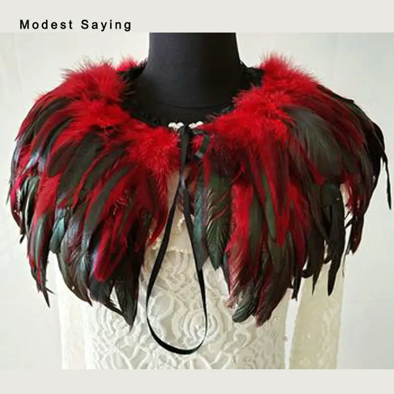 

Gothic Red and Black Fur Feather Coats Wedding Boleros 2018 Shrugs for Women Bridal Capes Shawls Ups Wraps Wedding Accessories