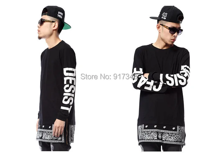 Long Sleeve Hip Hop Tee CEASE DESIST Extended T-shirt with Bandana Print Mens T Shirt Hi-fashion Tee With Side Zipper Design
Long Sleeve Hip Hop Tee CEASE DESIST Extended T-shirt with Bandana Print Mens T Shirt Hi-fashion Tee With Side Zipper Design