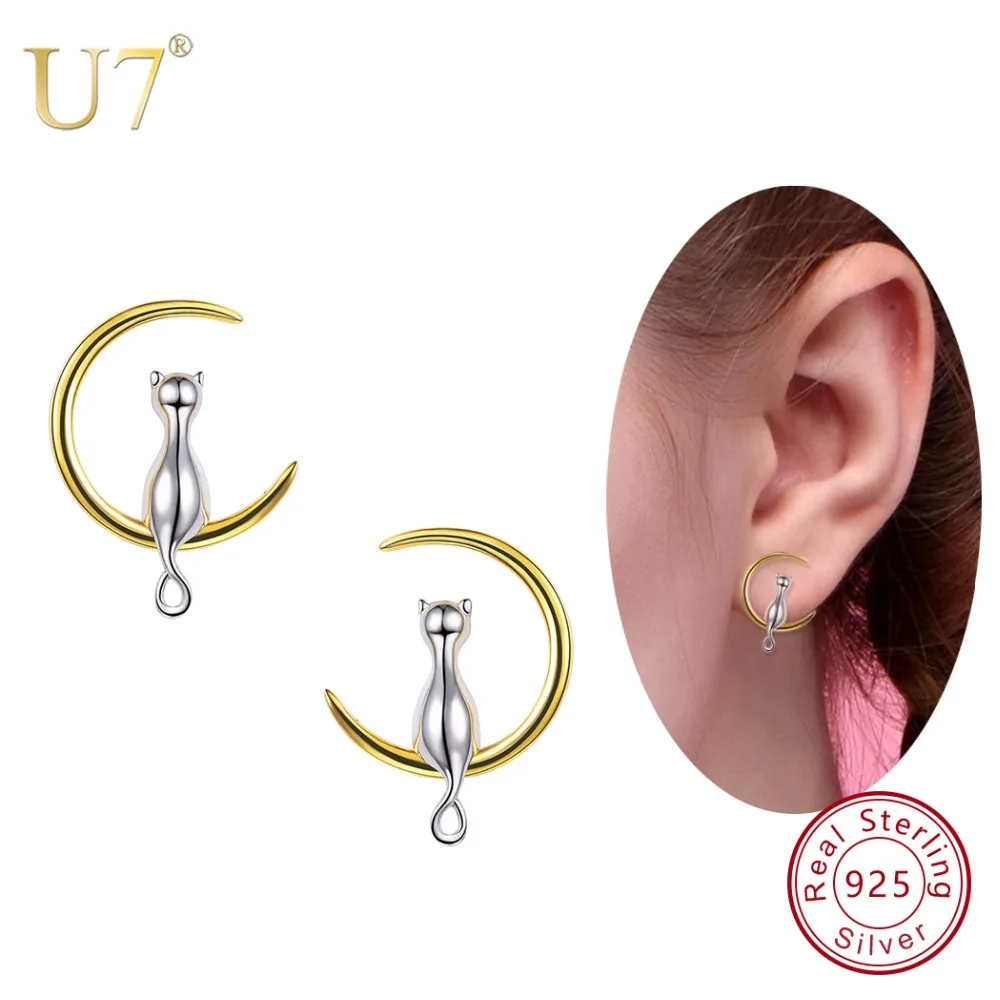 U7 925 Sterling Silver Stud Earrings Cat Sitting on Moon Women Jewelry Brincos Mother's Day Gift Sterling Silver Earings SC03
U7 925 Sterling Silver Stud Earrings Cat Sitting on Moon Women Jewelry Brincos Mother's Day Gift Sterling Silver Earings SC03