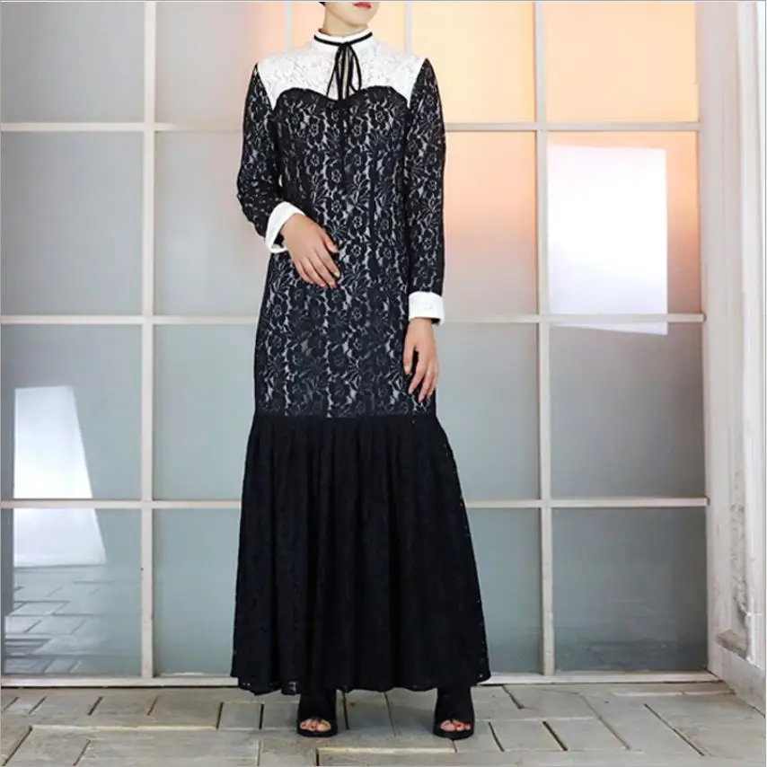 Adult Muslim lace stitching ruffles retro abaya fashion dubai islamic beautiful abayas wq741 prayer service clothing dropship |