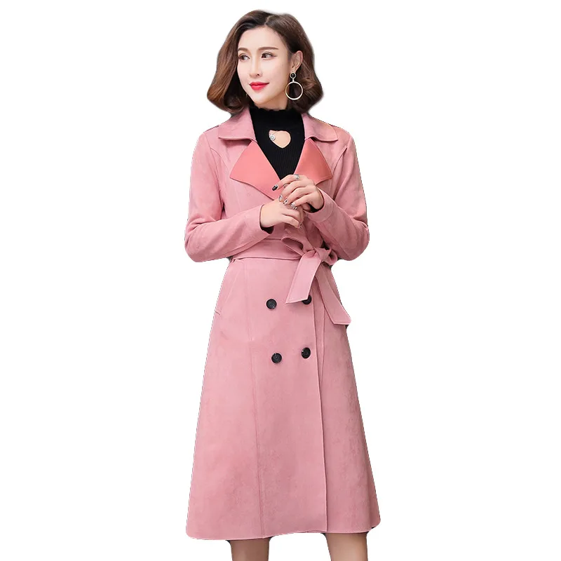

Women Turn down collar sash suede trench coat Casual double-breasted pocket long autumn coat outwear overcoat female windbreaker