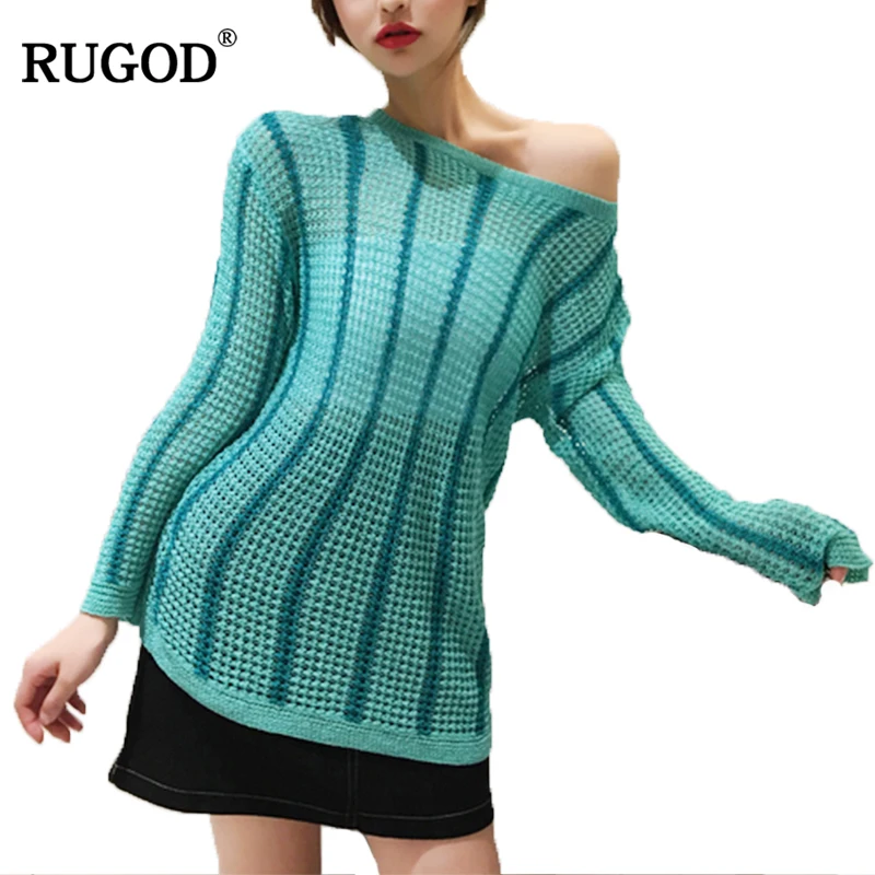 RUGOD 2018 Новые выдалбливают полосатый свитер Для женщин крючком пуловер