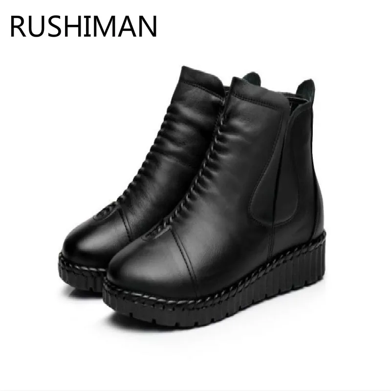 Новинка зимние кожаные ботинки RUSHIMAN в фольклорном стиле с плоской подошвой