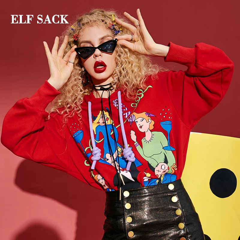 ELF SACK New Woman Sweatshirts Casual Cotton Print Full Oversized Hoodies Women Pullovers Femme Sudadera Female Tops | Женская одежда