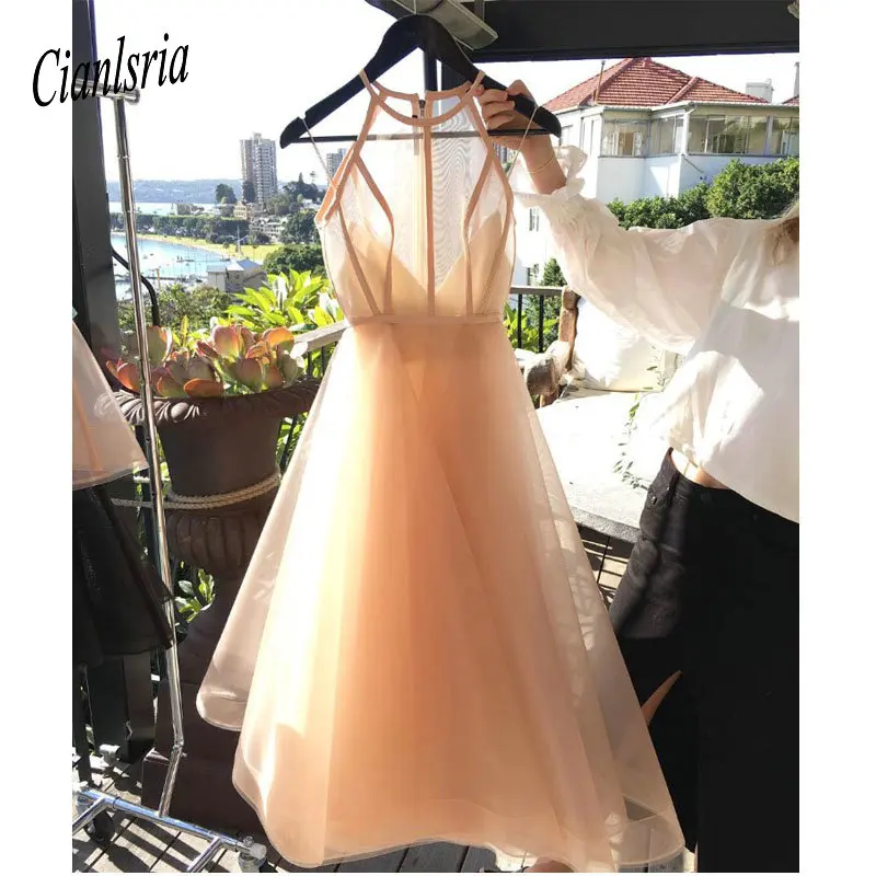 

Champagne Homecoming Dresses Tea Length Prom Gowns Elegant See Thru Sexy Cocktail Dresses Pretty Formal Dress For Graduation