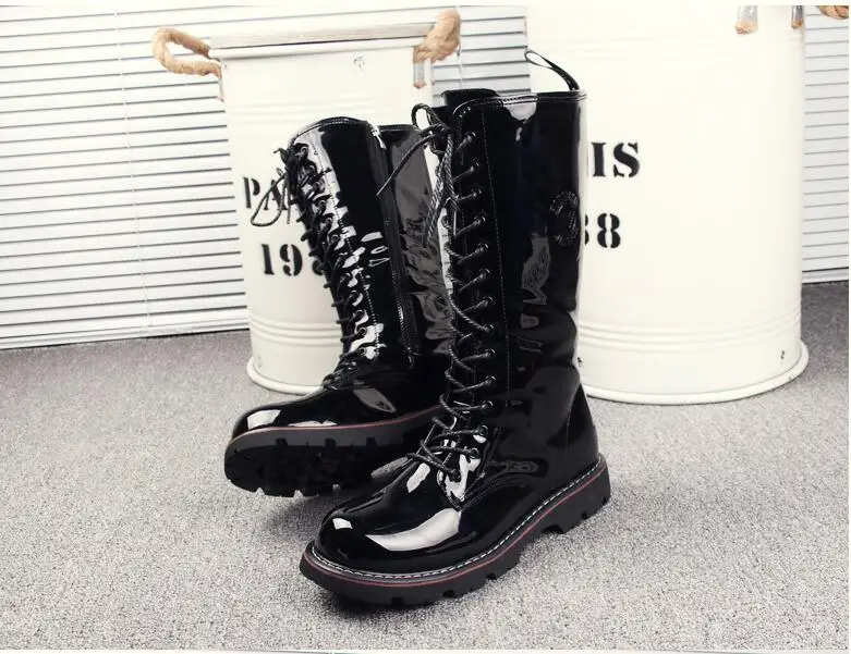 Knee Boots Men's Shoes Lace Up Patent Leather High Top Casual Shoes Flats In elevator shoes New Fashion Male Martin Boots
Knee Boots Men's Shoes Lace Up Patent Leather High Top Casual Shoes Flats In elevator shoes New Fashion Male Martin Boots