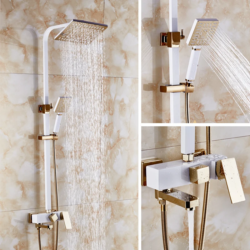 

Dofaso vintage ivory white gold bath shower faucets square tube shower set Luxury Wall Mounted bathroom Rain Shower faucets Set