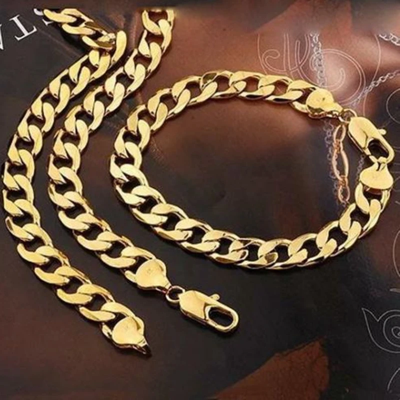 Massive Solid Yow Gold Filled Men's Necklace+Bracelet Set Cuban Chain 10mm wide