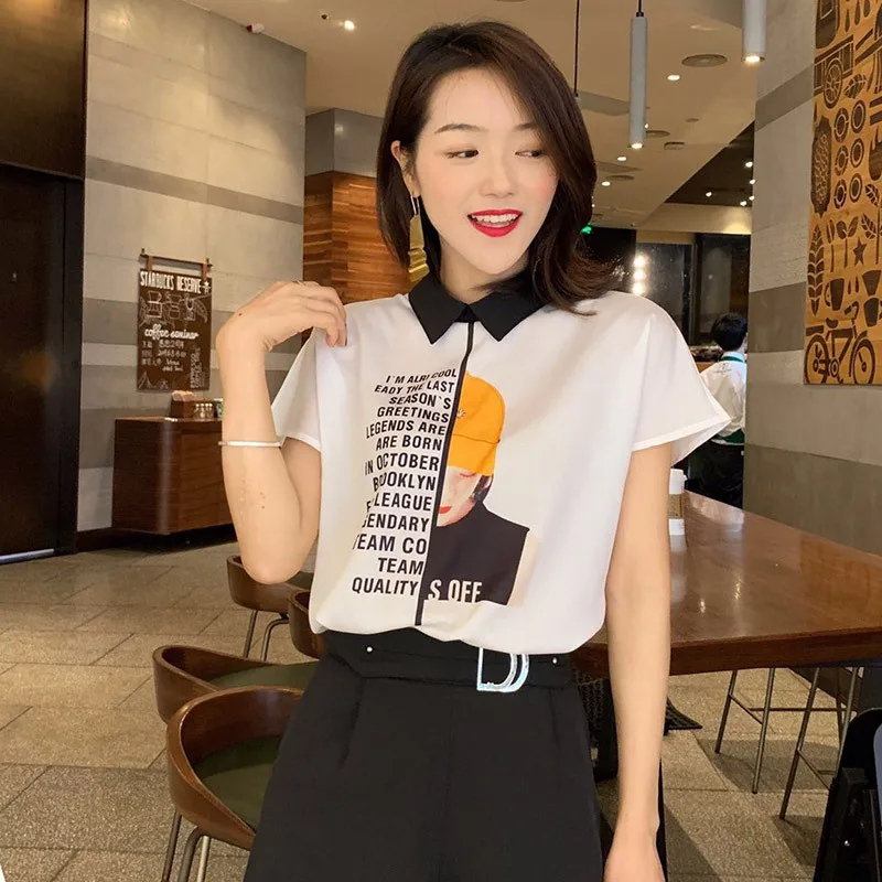 Blouse Women Tops Peter Pan Collar Short Sleeve Letter Print Pullover Chiffon Blouse Korean Style Elegant Office Lady
Blouse Women Tops Peter Pan Collar Short Sleeve Letter Print Pullover Chiffon Blouse Korean Style Elegant Office Lady