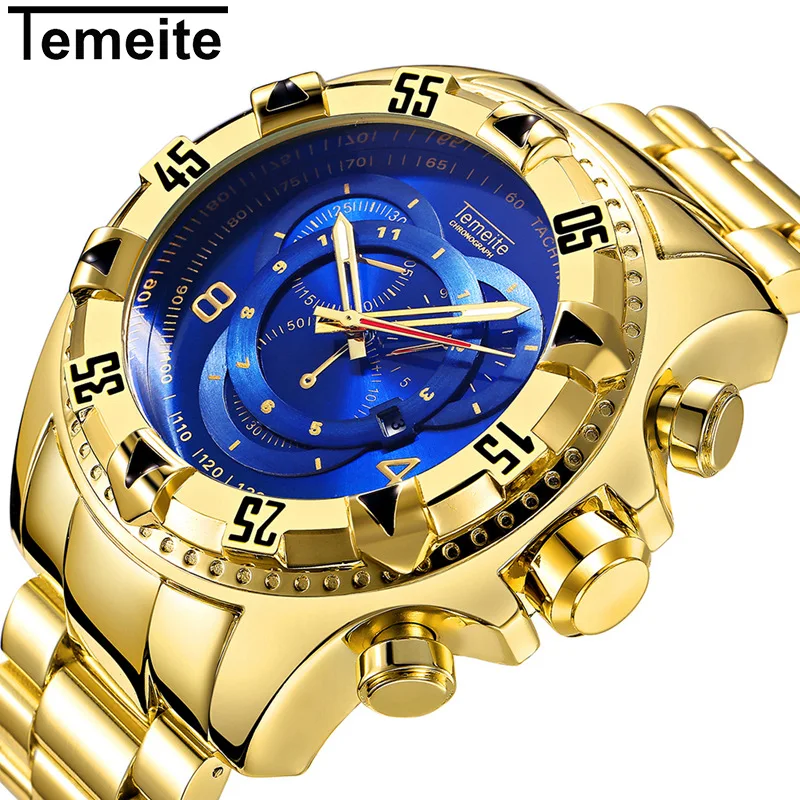 men wristwatches Large dial stainless steel temeite brand man watches waterproof calendar luxury gold blue fashion male clocks | Наручные