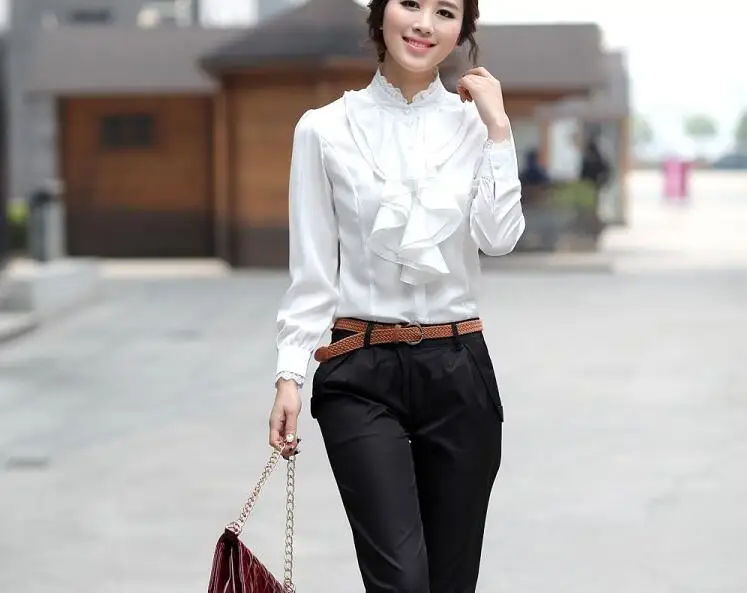 Newest Lace Stand Collar Ruffles Slim Basic Shirts Blouses Women Elegant OL Office Long Sleeve Chiffon Shirts Tops
Newest Lace Stand Collar Ruffles Slim Basic Shirts Blouses Women Elegant OL Office Long Sleeve Chiffon Shirts Tops