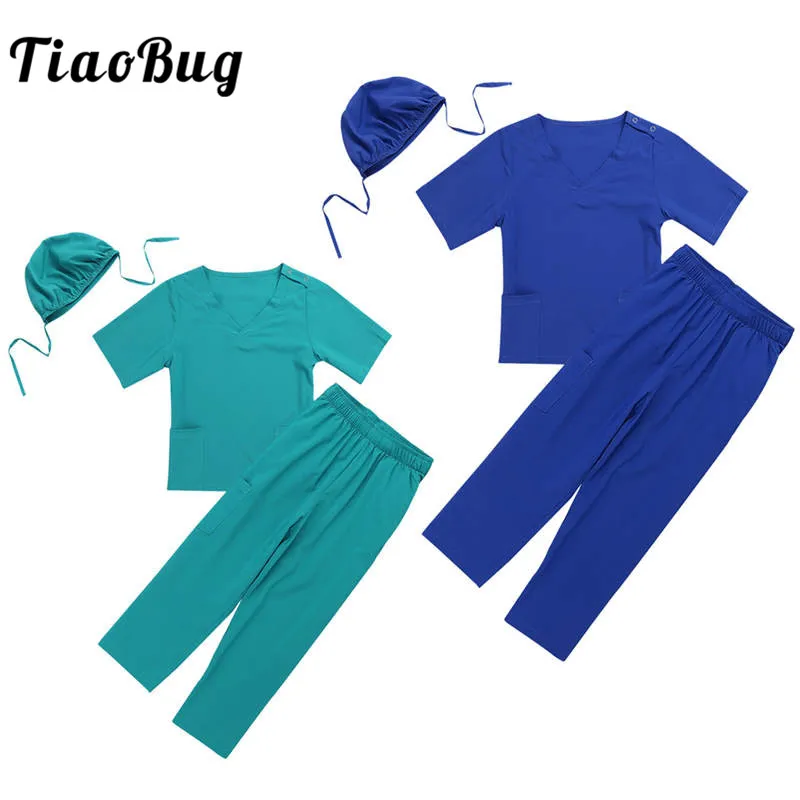 

TiaoBug Unisex Child Teens Surgeon Doctor Lab Uniform Tops with Pants Cap Set Kids Boys Girls Halloween Cosplay Party Costume