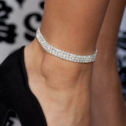 3-Row Three Rhinestone Stretch Row Sparkly Crystal Cz Tennis Ankle Chain Sexy Anklet Bridal Wedding Accessories for Women | Украшения и
