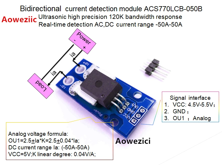 Bidirectional Current Sensor module ACS770LCB-050B 120 kHz Bandwidth AC, DC: -50-50A 0.04V/1A
Bidirectional Current Sensor module ACS770LCB-050B 120 kHz Bandwidth AC, DC: -50-50A 0.04V/1A