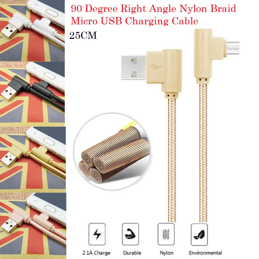 2018 нейлоновый Плетеный Micro USB 90 градусов прямоугольный 2 а кабель для быстрой
