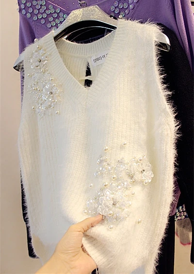 Женский Пушистый свитер без рукавов Cakucool белый блестящий джемпер с бусинами и