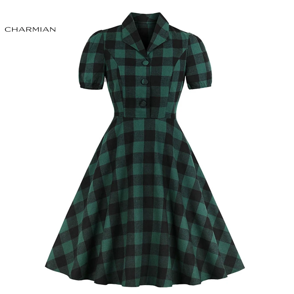 Charmian Women's Retro Black&Green Tartan Lapel Short Sleeves Plaid High Waist A-line Swing Midi Dress
Charmian Women's Retro Black&Green Tartan Lapel Short Sleeves Plaid High Waist A-line Swing Midi Dress