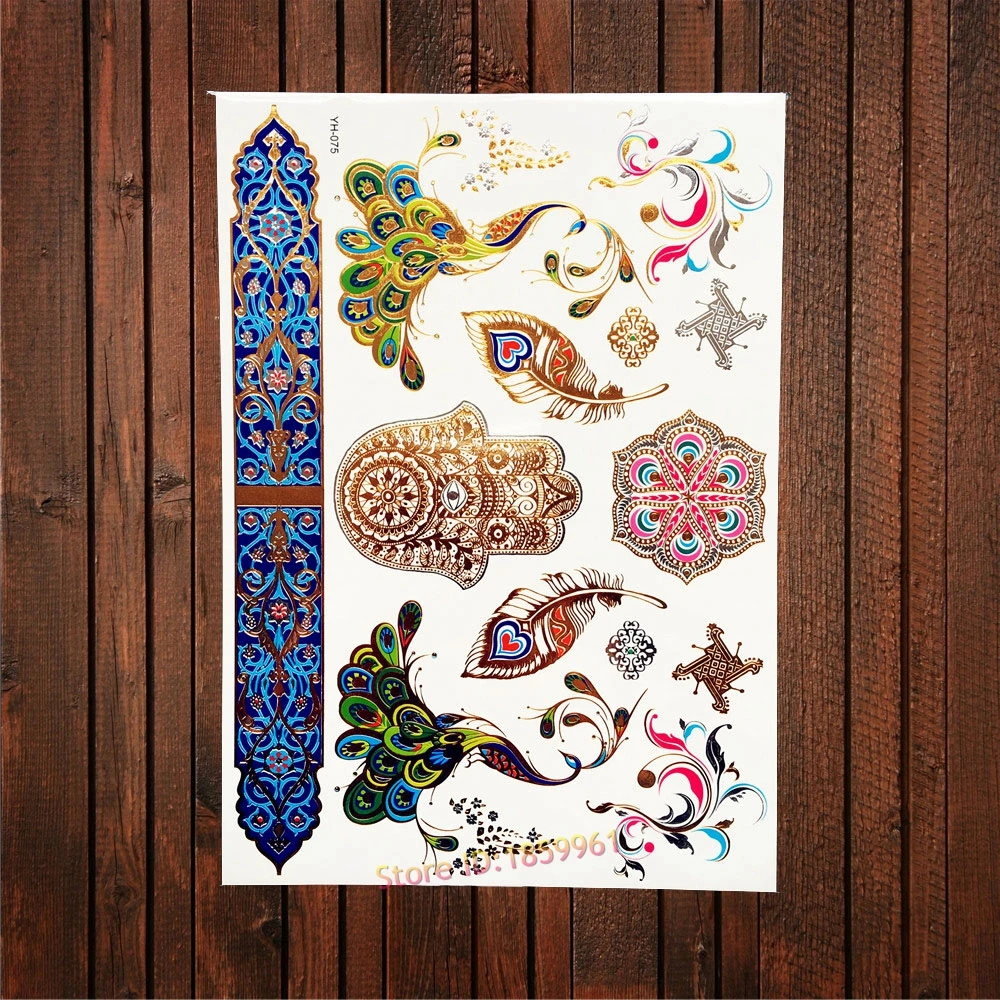 1PC Exclusive Body Art Flash Temporary Tattoo Sticker Gold Colorful Peacock Feather Hamsa Hand Bohemian Tattoo Waterproof AYH075
1PC Exclusive Body Art Flash Temporary Tattoo Sticker Gold Colorful Peacock Feather Hamsa Hand Bohemian Tattoo Waterproof AYH075