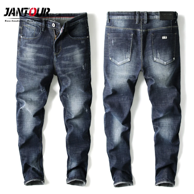 Jantour Новинка 2021 мужские джинсы хлопковые синие узкие облегающие Стрейчевые брюки