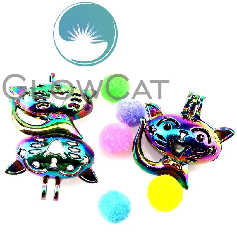 20x CC758 Rainbow Colors Cartoon Cat Stone Beads Cage Jewelry Making Essential Oil Diffuser Pearl Locket Pendant | Украшения и