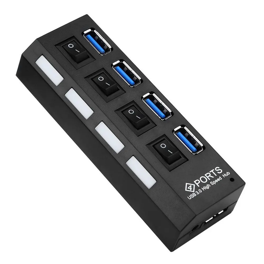 

4-Port USB 3.0 Hub High Speed Data Transfer 4 Ports Splitter With Individual Switches and LEDs