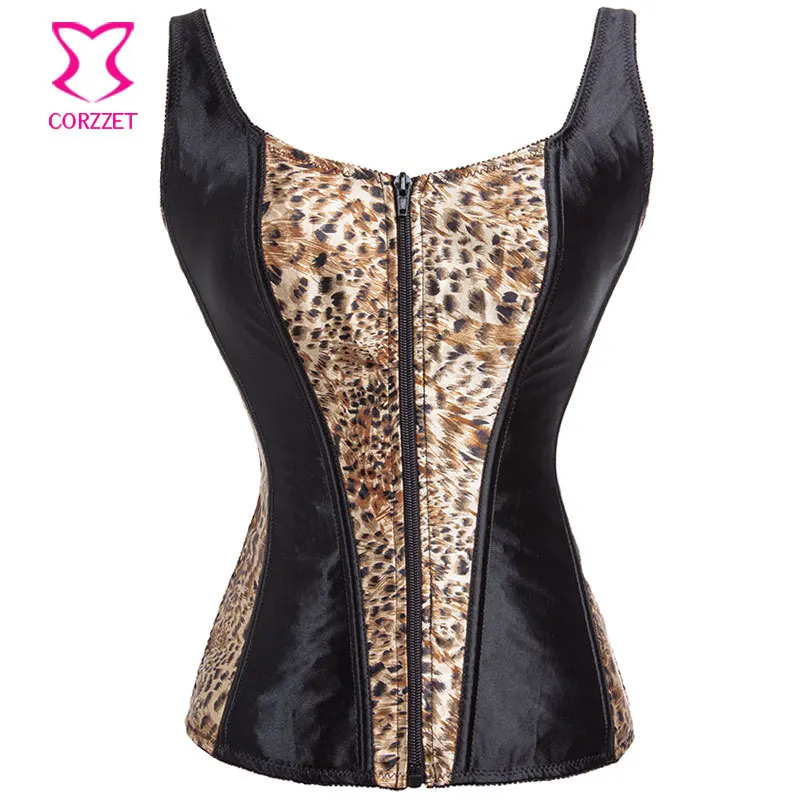 Sexy Black Satin and Leopard Print Corset Tank Overbust Boning Zipper Bustier Fashion Women Corpetes E Espartilhos Lingerie
Sexy Black Satin and Leopard Print Corset Tank Overbust Boning Zipper Bustier Fashion Women Corpetes E Espartilhos Lingerie