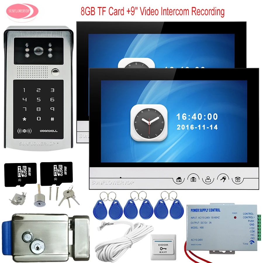 

Home Phone Rfid Code Panel 9'' Doorbell Camera Video Recording 8GB TF Card For Video Door Phone 2 Monitors With Electronic Lock