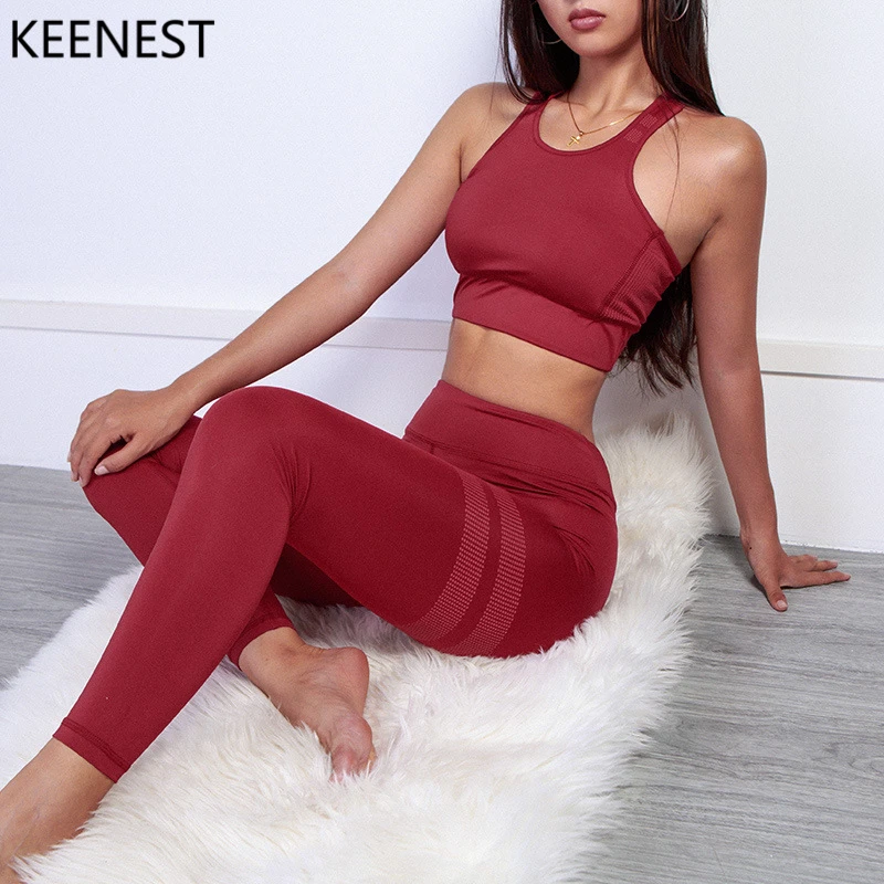 Женский спортивный костюм KEENEST красный черный для занятий йогой комплект из 2