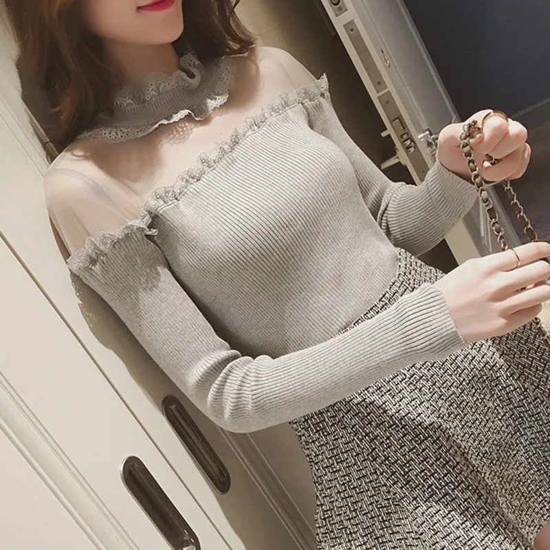 Fashion Women Lace Ruffled Collar Sweater Long Sleeve Mesh Pathcwork Knitted Sweaters Slim Pullover Female Tops
Fashion Women Lace Ruffled Collar Sweater Long Sleeve Mesh Pathcwork Knitted Sweaters Slim Pullover Female Tops